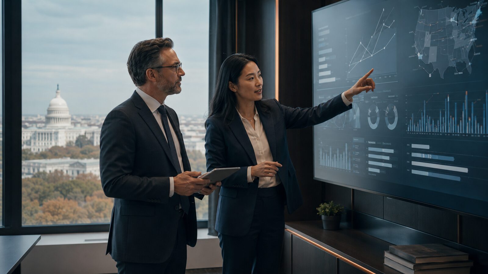 Senior advisor briefing pipeline metrics on a boardroom display