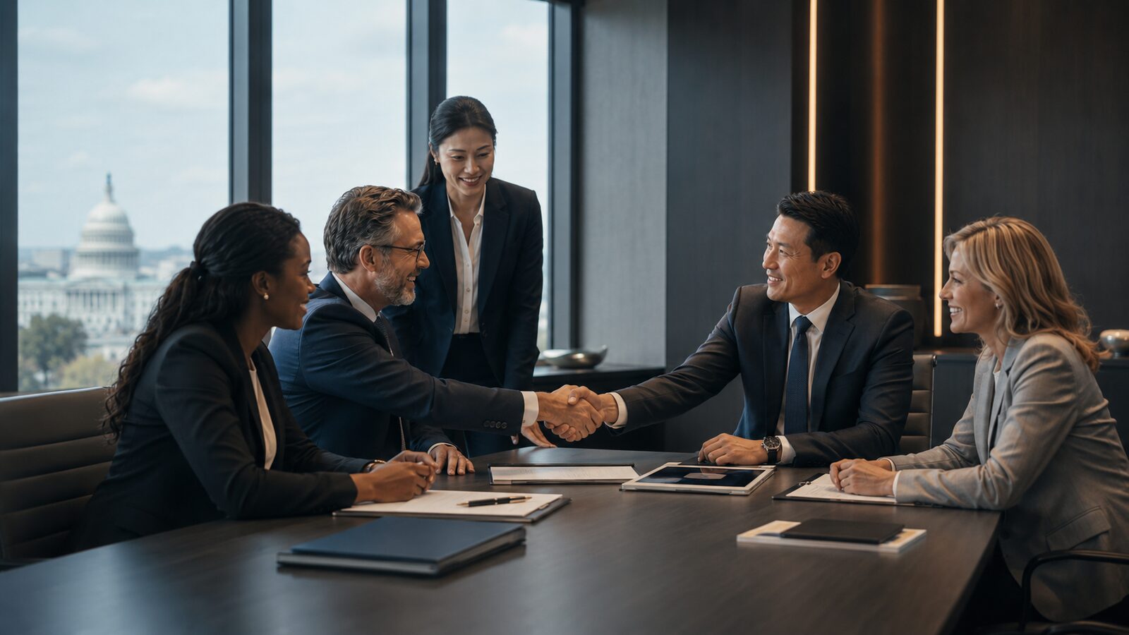 A teaming agreement handshake between advisors and a client with the Capitol in view